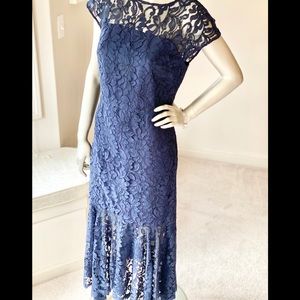 Navy Lace Cap Sleeve Midi Dress